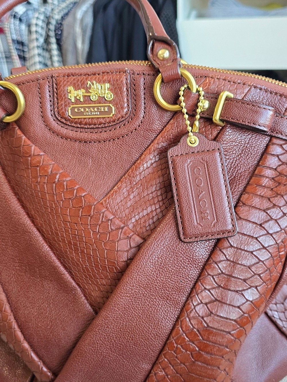 Coach Madison Large Tabacco Pyton/ Leather Patchwork Satchel with Gold Hardware - Picture 9 of 11